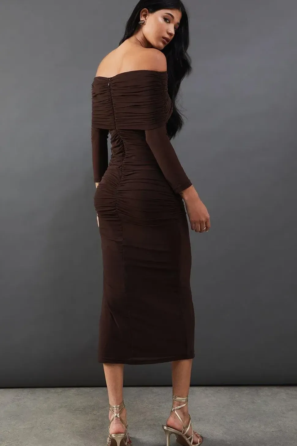 Mesh Ruched Bardot Maxi Dress