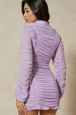Mesh Ruched Button Down Shirt Dress