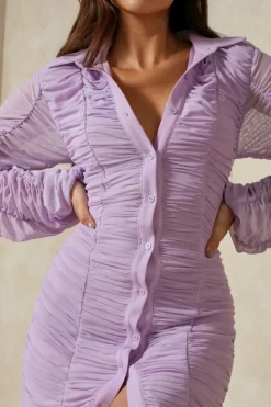 Mesh Ruched Button Down Shirt Dress