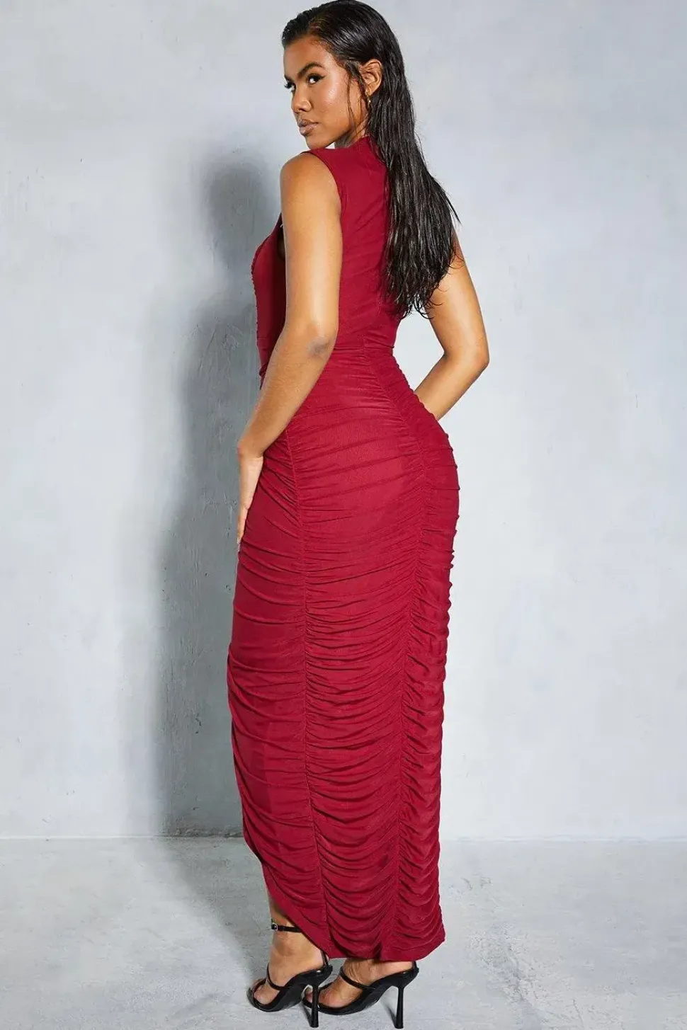 Mesh Ruched Cut Out Detail Wrap Midaxi Dress