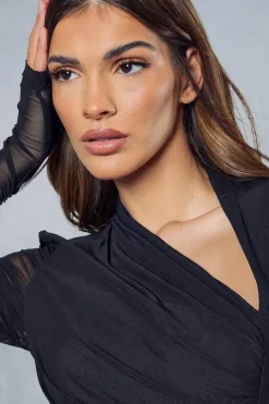 Mesh Ruched Wrap Long Sleeve Mini Dress