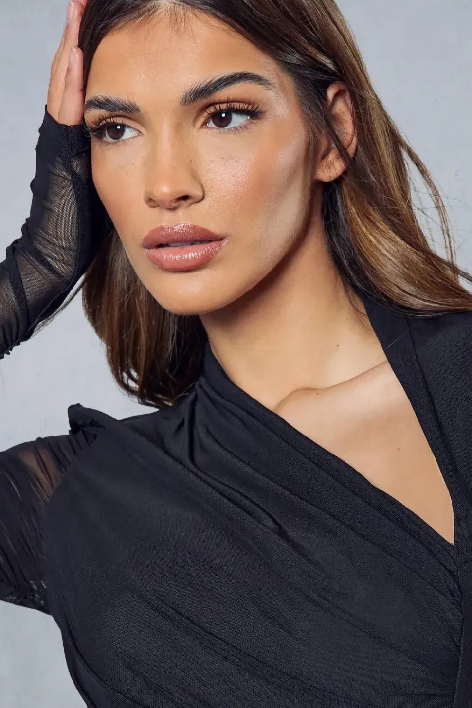 Mesh Ruched Wrap Long Sleeve Mini Dress