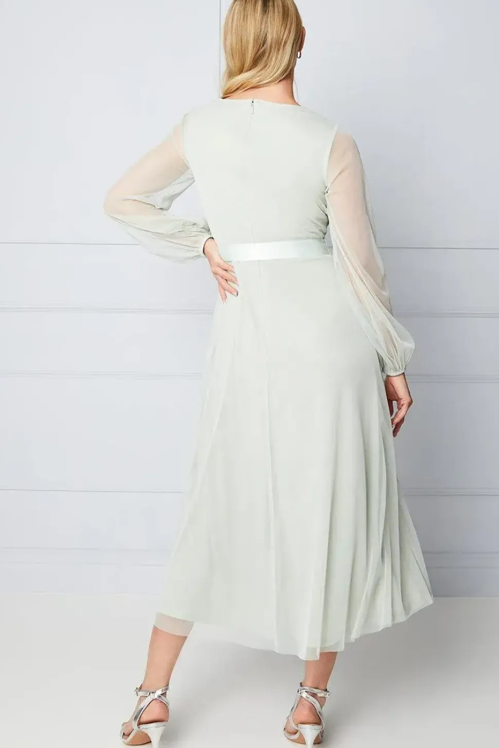 Mesh Satin Tie Midi Dress