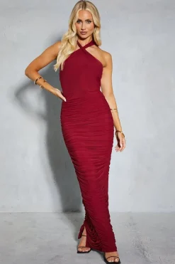 Mesh Twist Strap Halterneck Ruched Midaxi Dress
