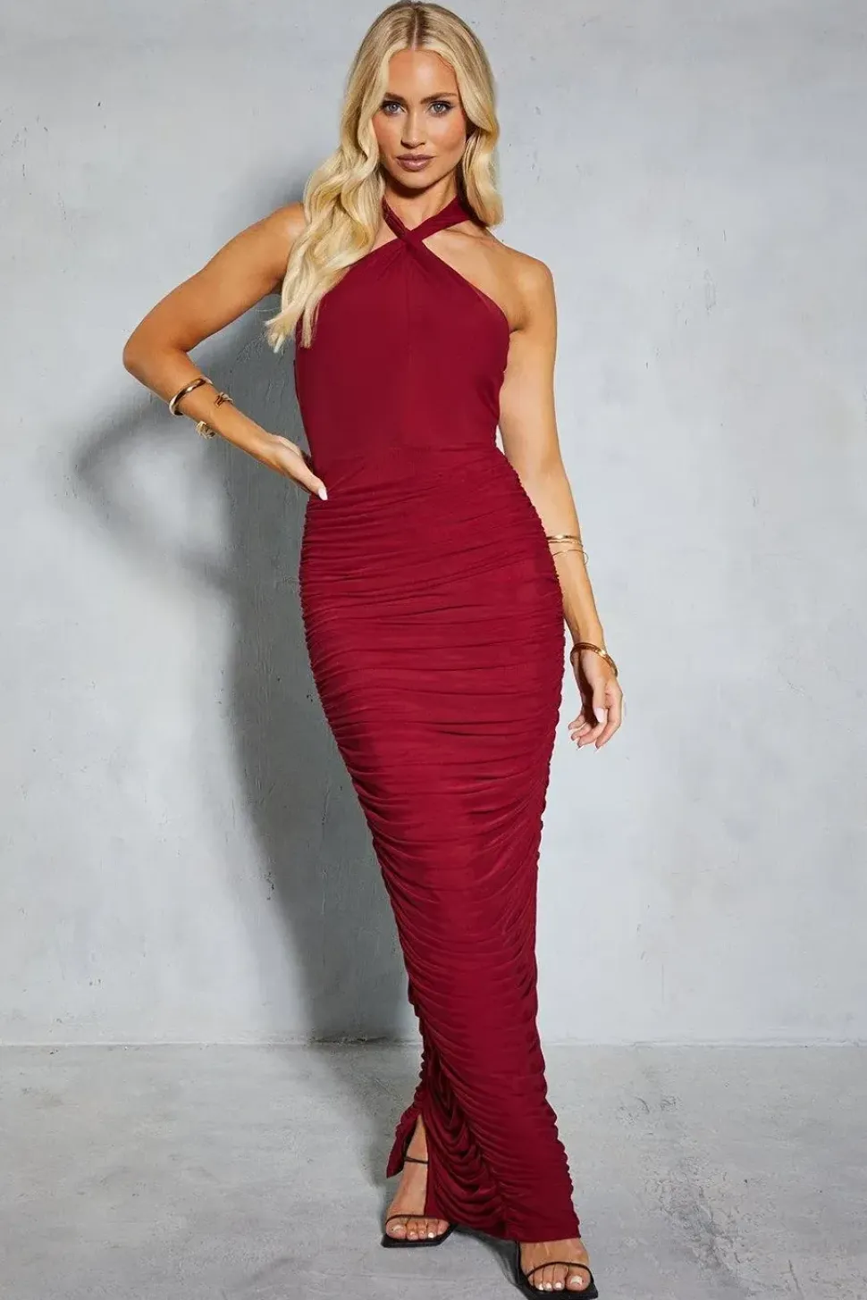 Mesh Twist Strap Halterneck Ruched Midaxi Dress