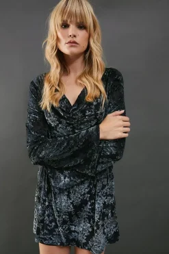 Mesh Velvet Burnout Cowl Neck Mini Dress