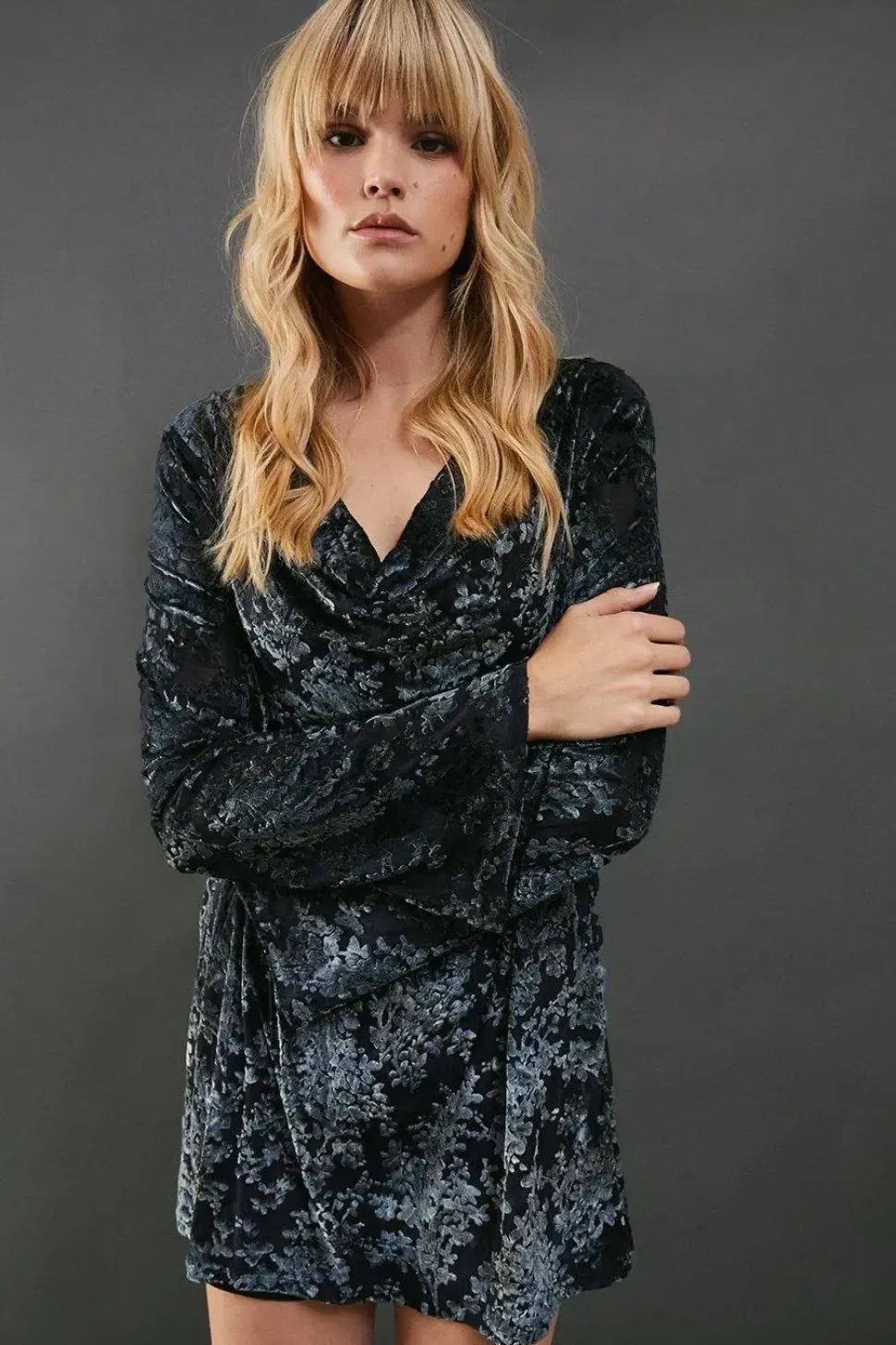 Mesh Velvet Burnout Cowl Neck Mini Dress