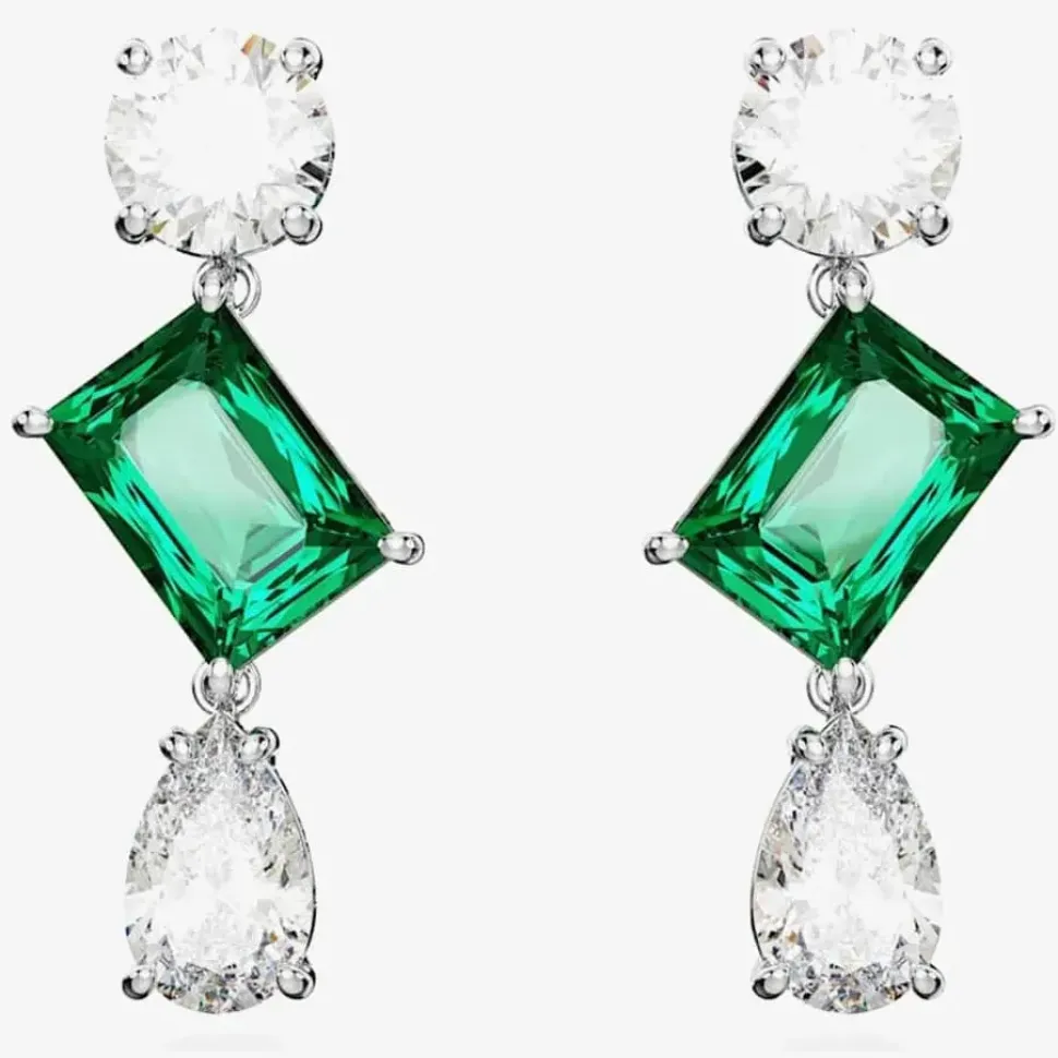 Mesmera Green Mixed Cut Rhodium Plated Dropper Earrings 5665878