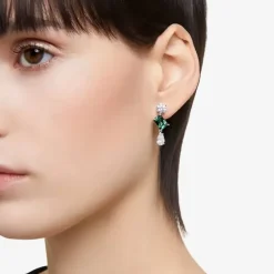 Mesmera Green Mixed Cut Rhodium Plated Dropper Earrings 5665878