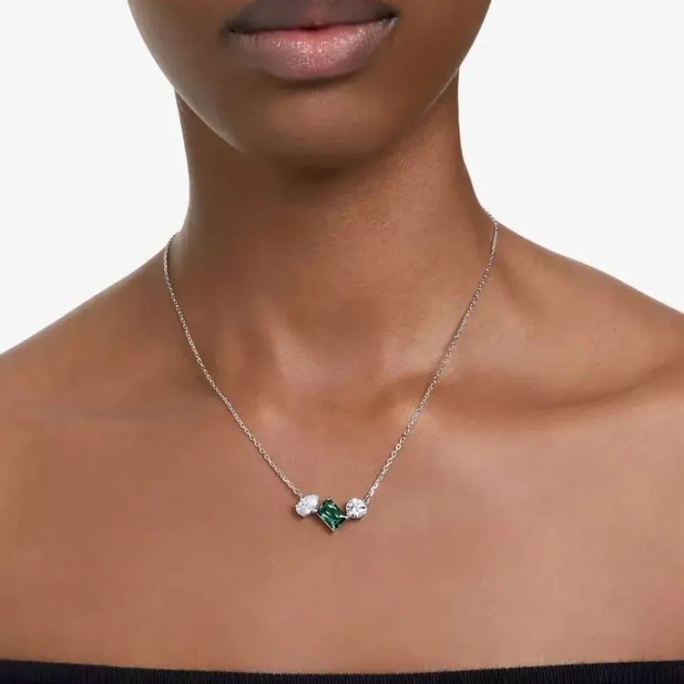 Mesmera Green Mixed Cuts Rhodium Plated Necklace 5668278