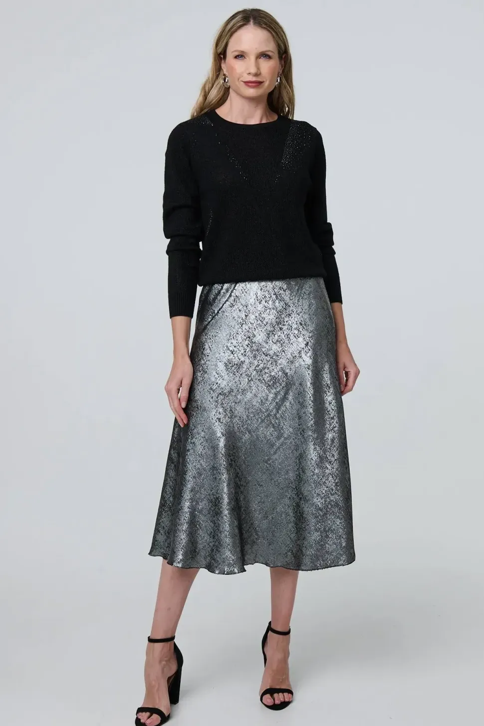 Metallic A-Line Midi Slip Skirt