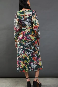Metallic Animal Printed Shadow Stripe Gathered Sleeve Plunge Neck Maxi Dress
