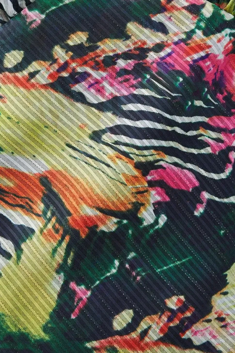 Metallic Animal Printed Shadow Stripe Gathered Sleeve Plunge Neck Maxi Dress