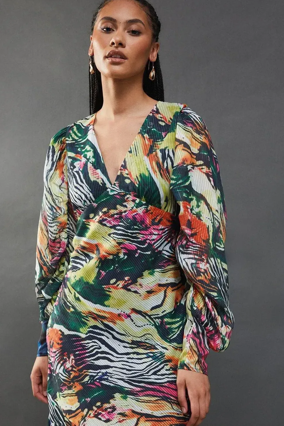 Metallic Animal Printed Shadow Stripe Gathered Sleeve Plunge Neck Maxi Dress