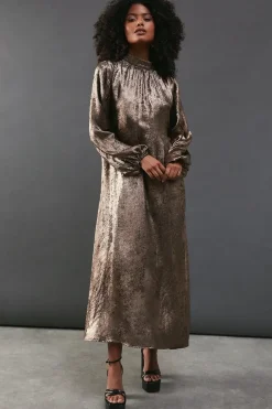 Metallic Blouson Sleeve Midi Dress
