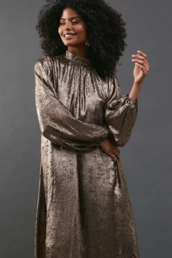 Metallic Blouson Sleeve Midi Dress