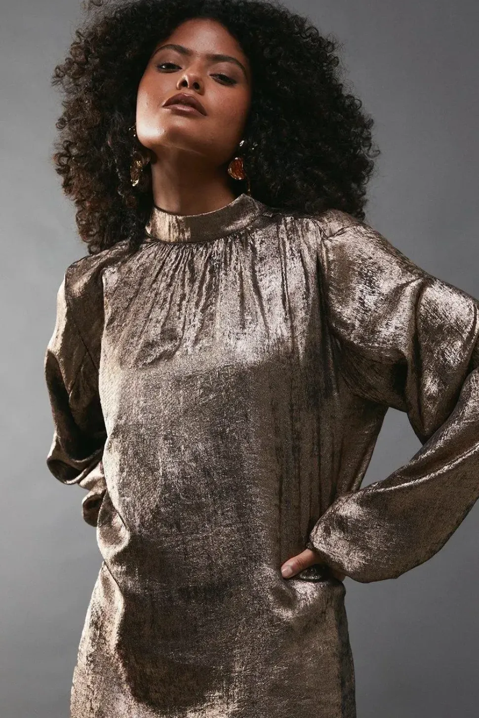 Metallic Blouson Sleeve Midi Dress