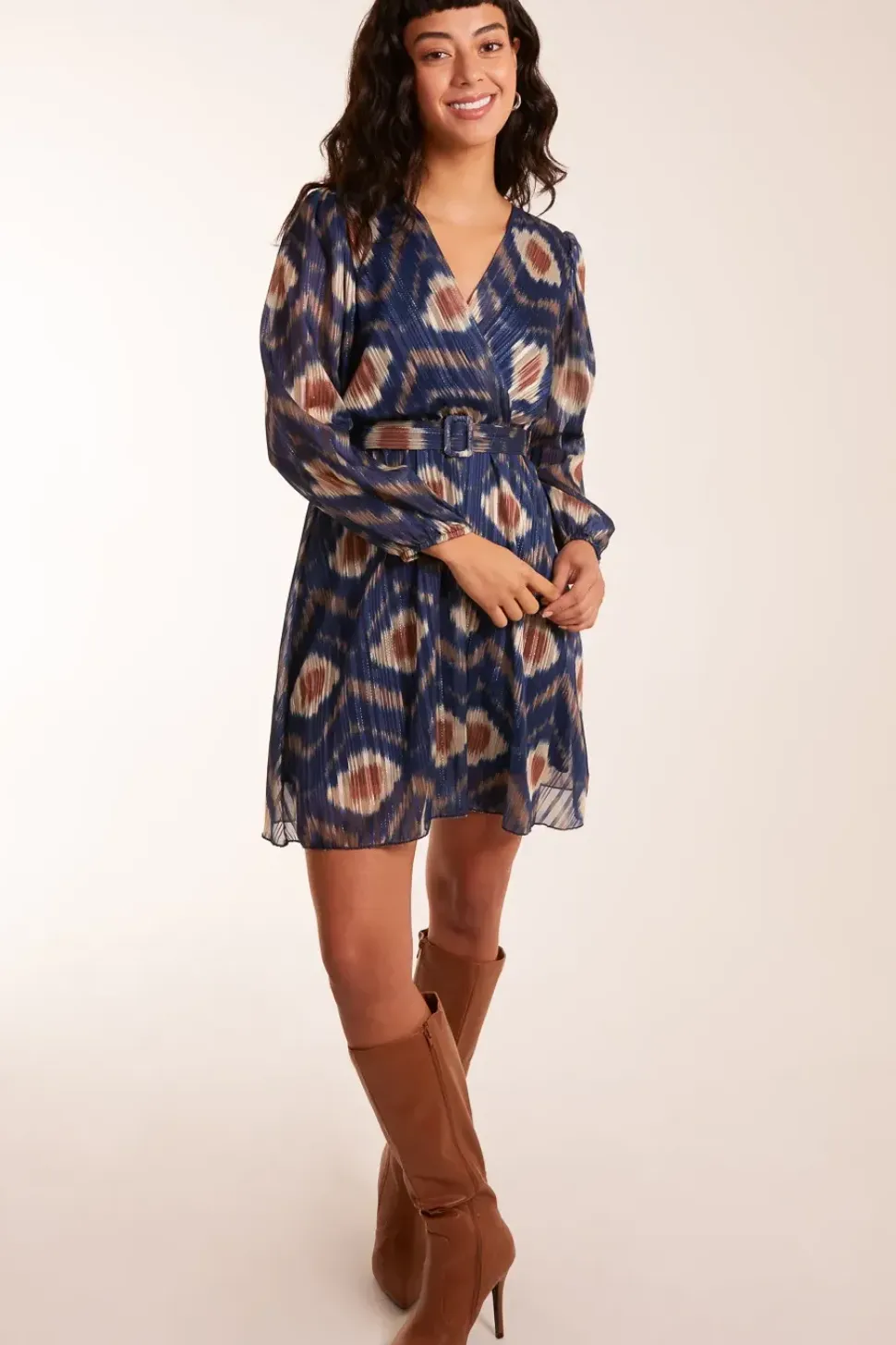 Metallic Blurred Aztec Belted Dress