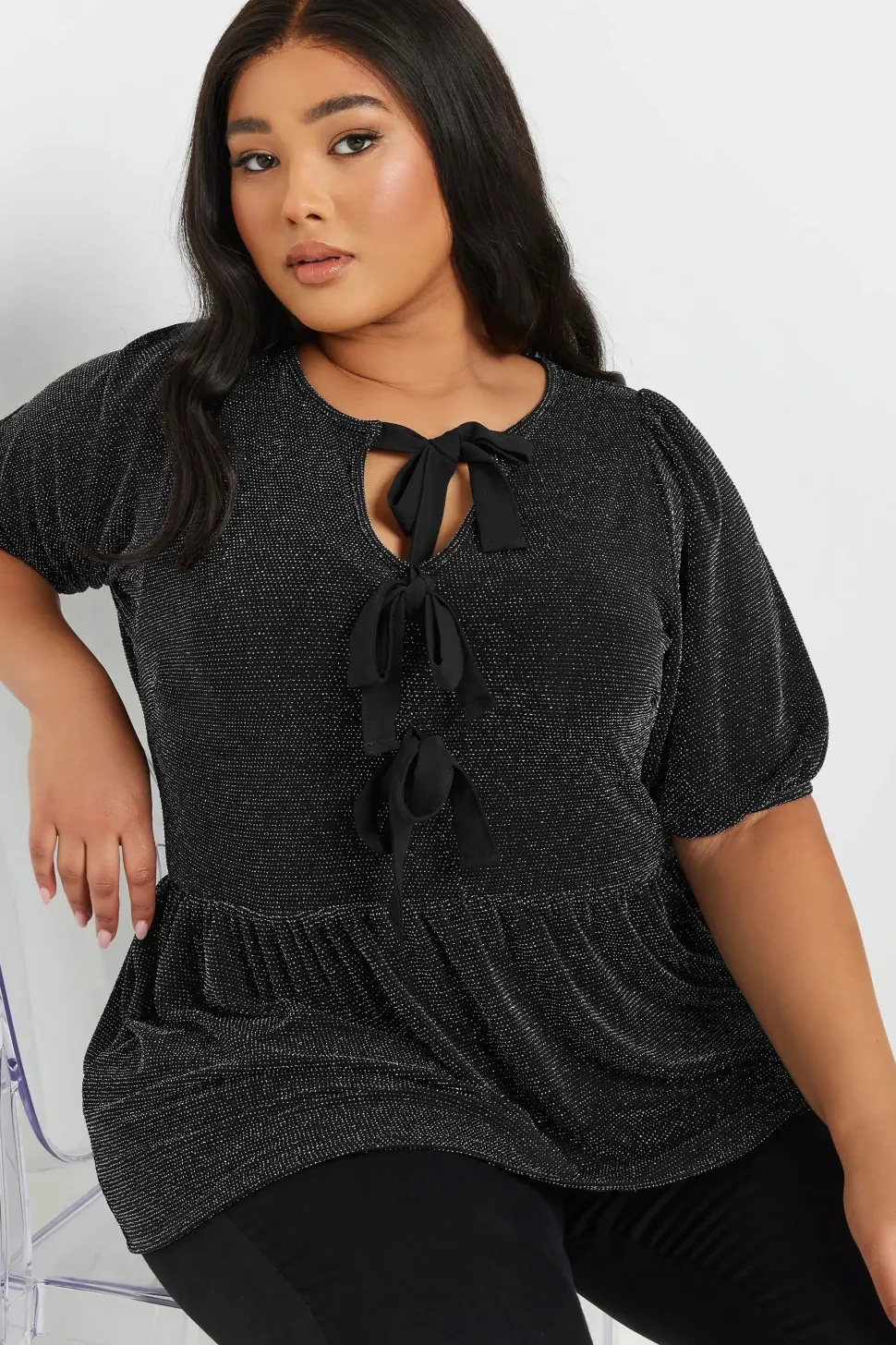 Metallic Bow Front Peplum Top