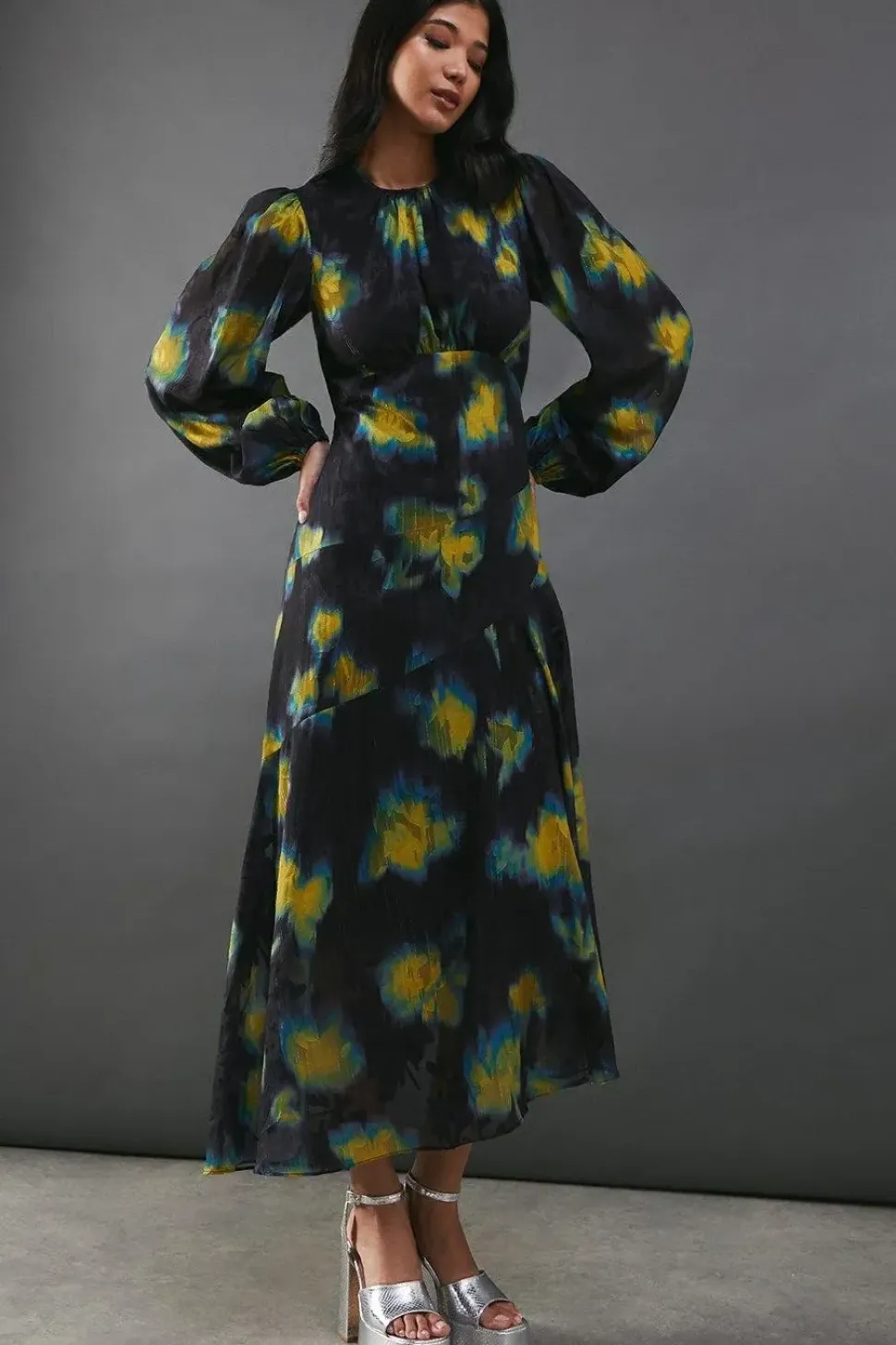 Metallic Burnout Chiffon Asymmetric Hem Midi Dress