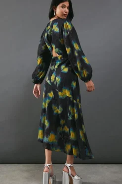 Metallic Burnout Chiffon Asymmetric Hem Midi Dress