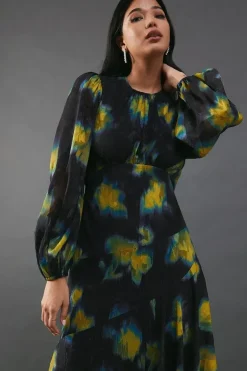 Metallic Burnout Chiffon Asymmetric Hem Midi Dress