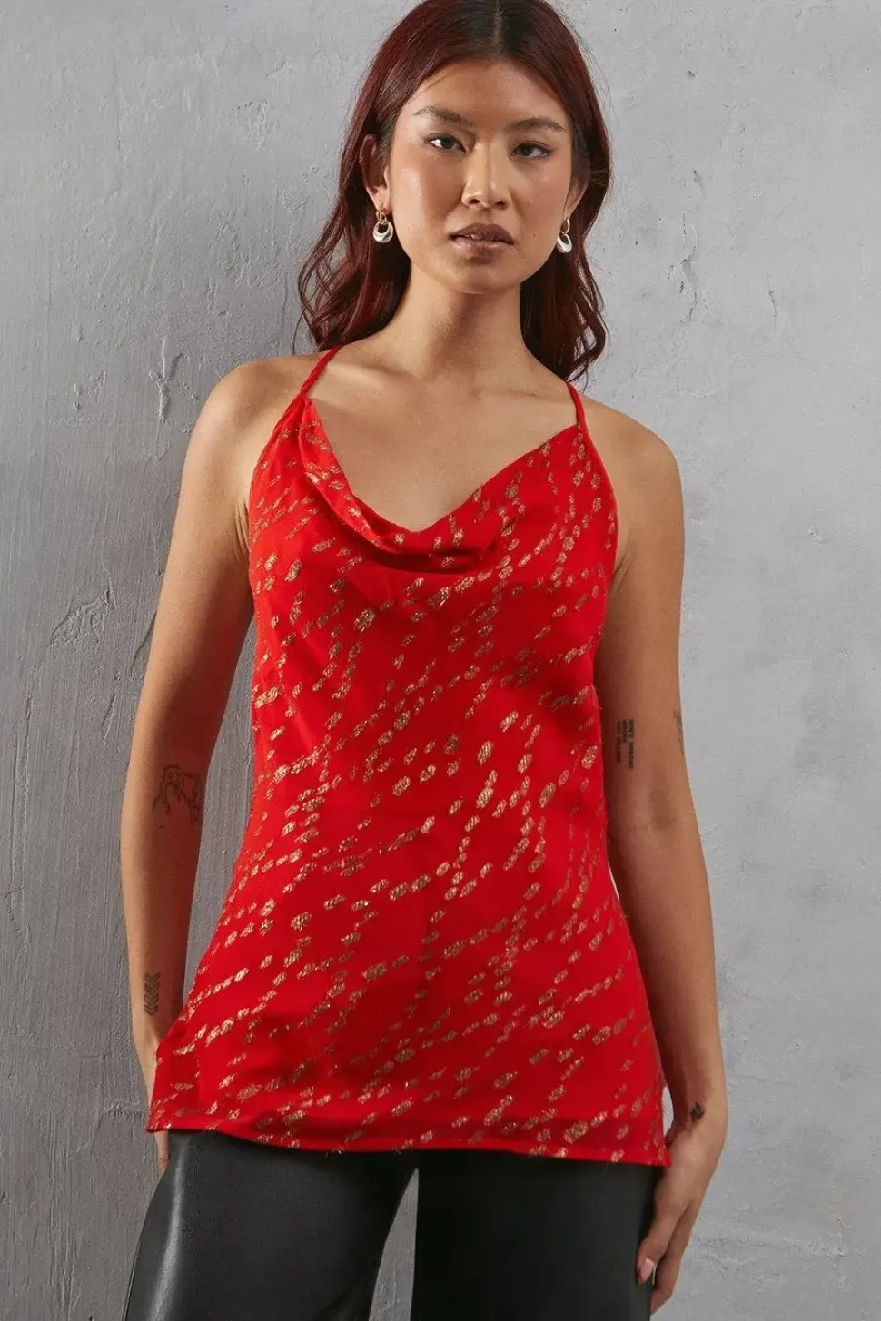 Metallic Chiffon Cowl Neck Strappy Cami