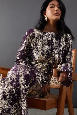 Metallic Chiffon Slash Neck Bias Midi Dress
