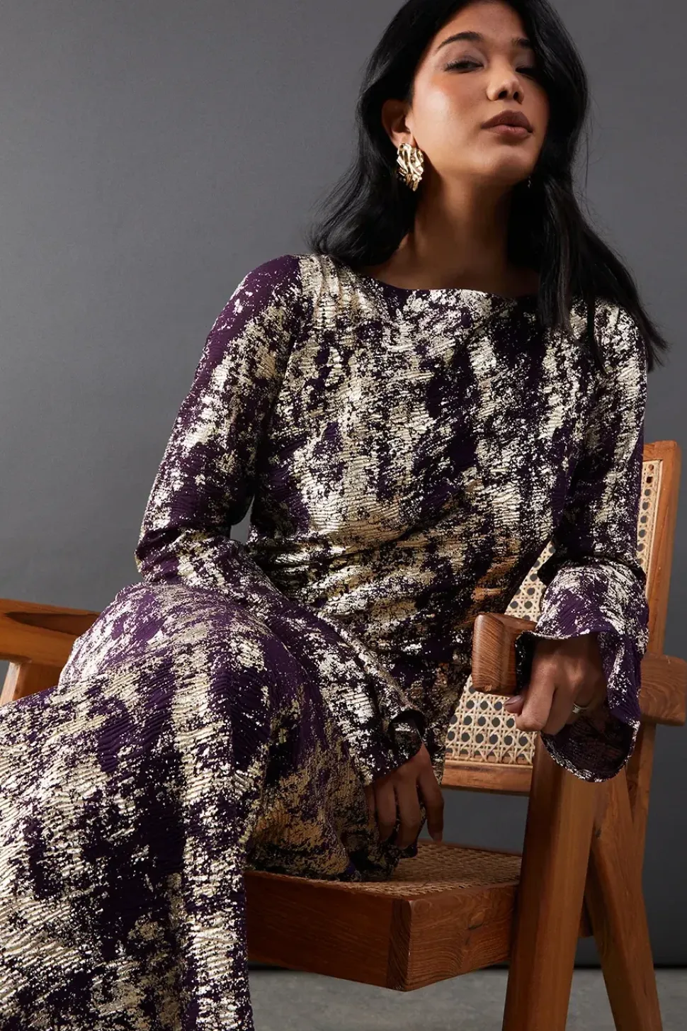 Metallic Chiffon Slash Neck Bias Midi Dress