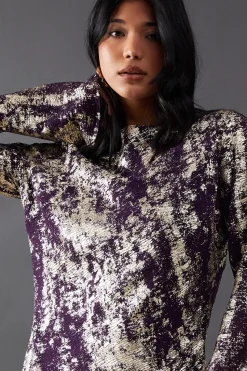 Metallic Chiffon Slash Neck Bias Midi Dress