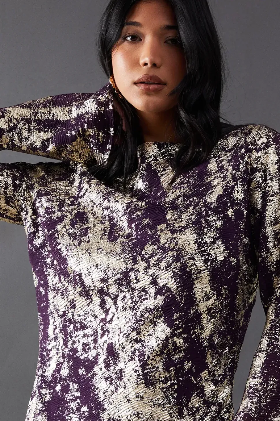 Metallic Chiffon Slash Neck Bias Midi Dress
