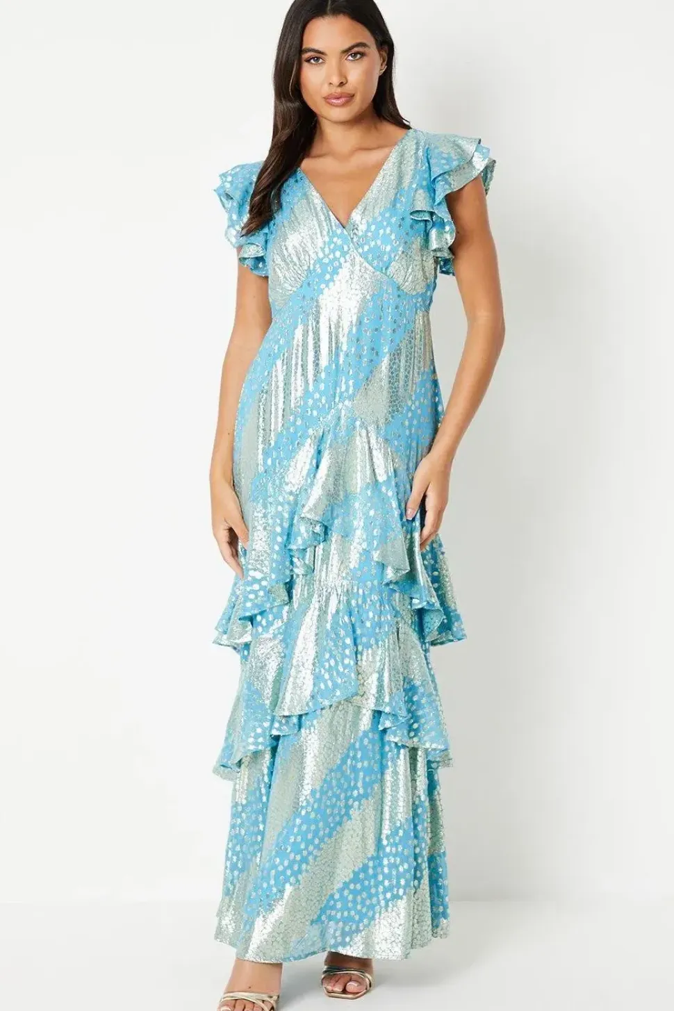 Metallic Chiffon V Neck Tiered Maxi Dress