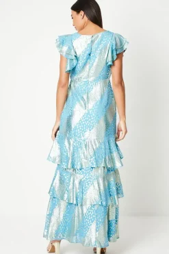 Metallic Chiffon V Neck Tiered Maxi Dress