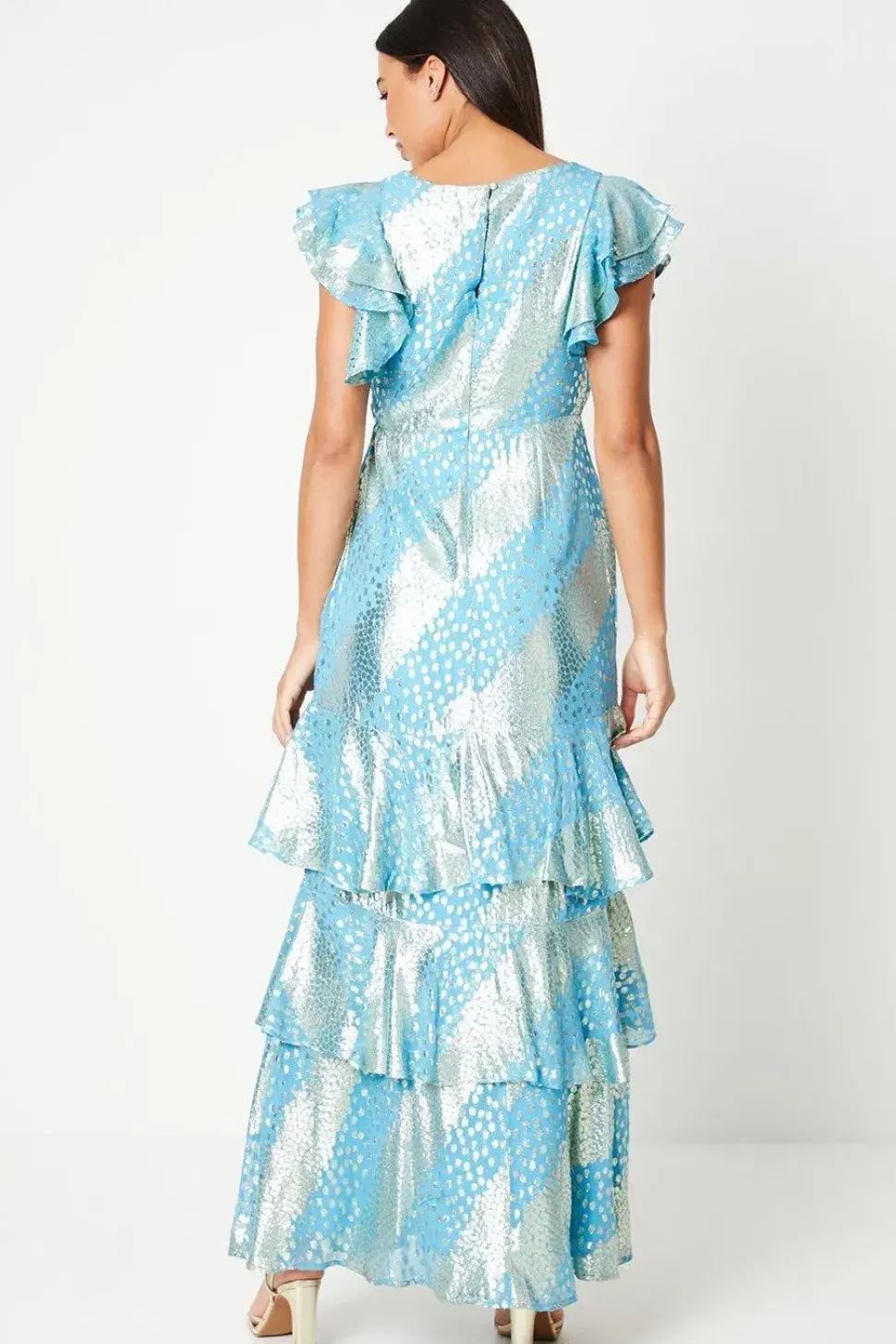 Metallic Chiffon V Neck Tiered Maxi Dress