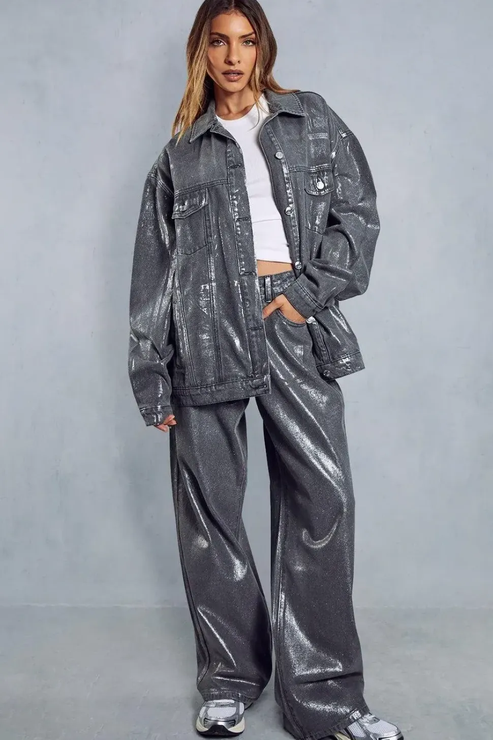 Metallic Denim Straight Leg Jean