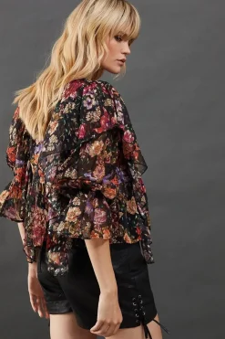 Metallic Dobby Button Front Ruffle Detail Blouse