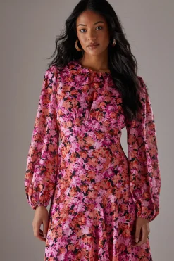 Metallic Floral Burnout Chiffon Asymmetric Hem Midi Dress