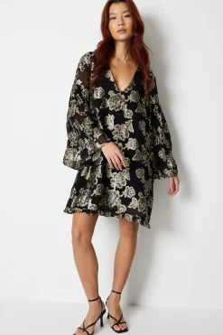 Metallic Georgette V Plunge Frill Swing Dress