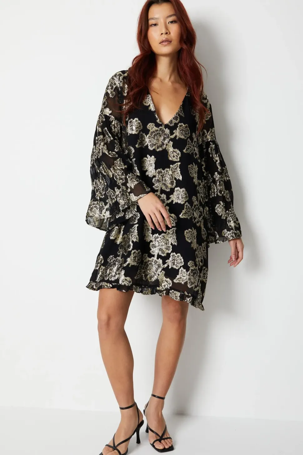 Metallic Georgette V Plunge Frill Swing Dress