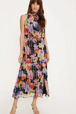 Metallic Halter Neck Midi Dress