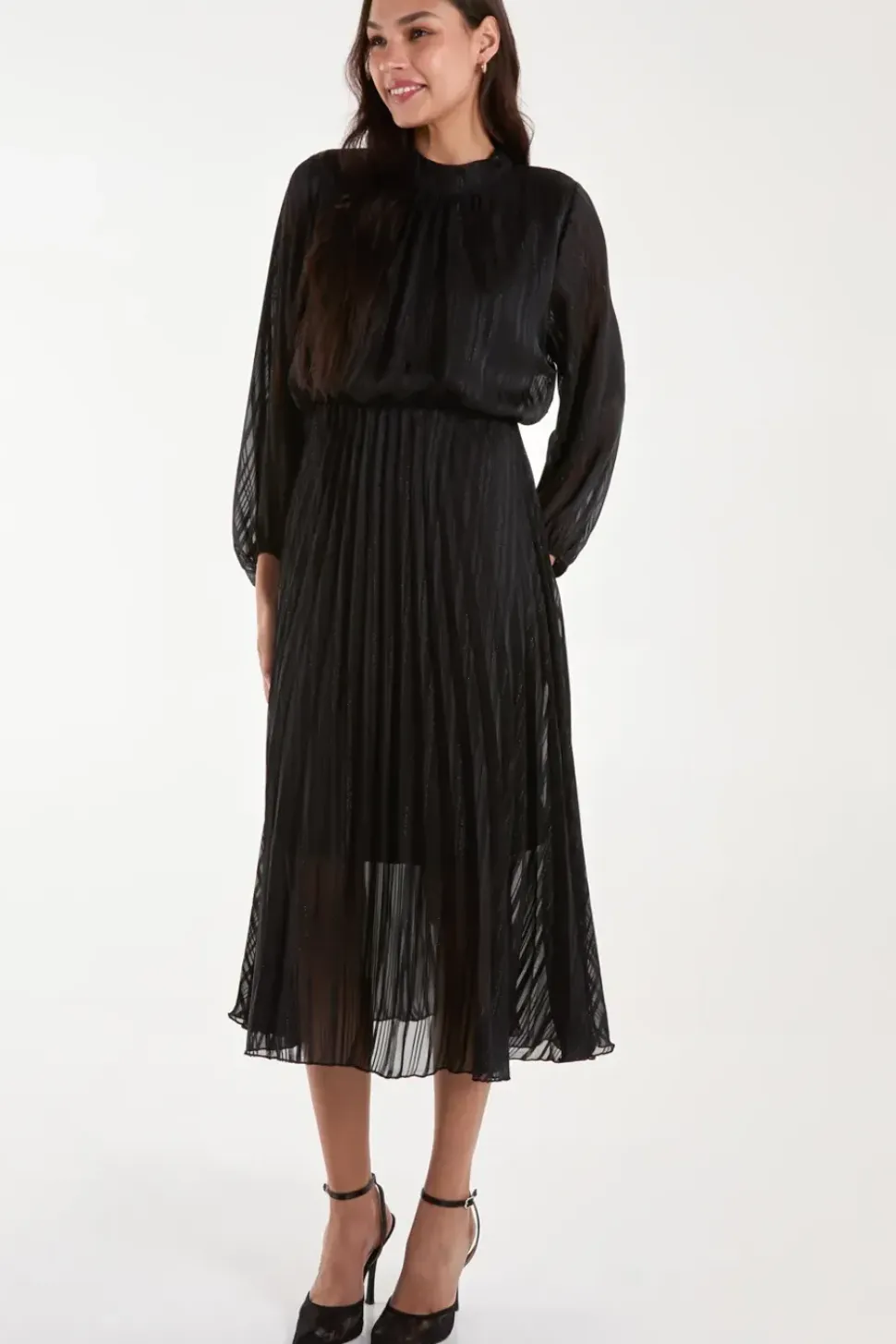 Metallic High Neck Plisse Midi Dress