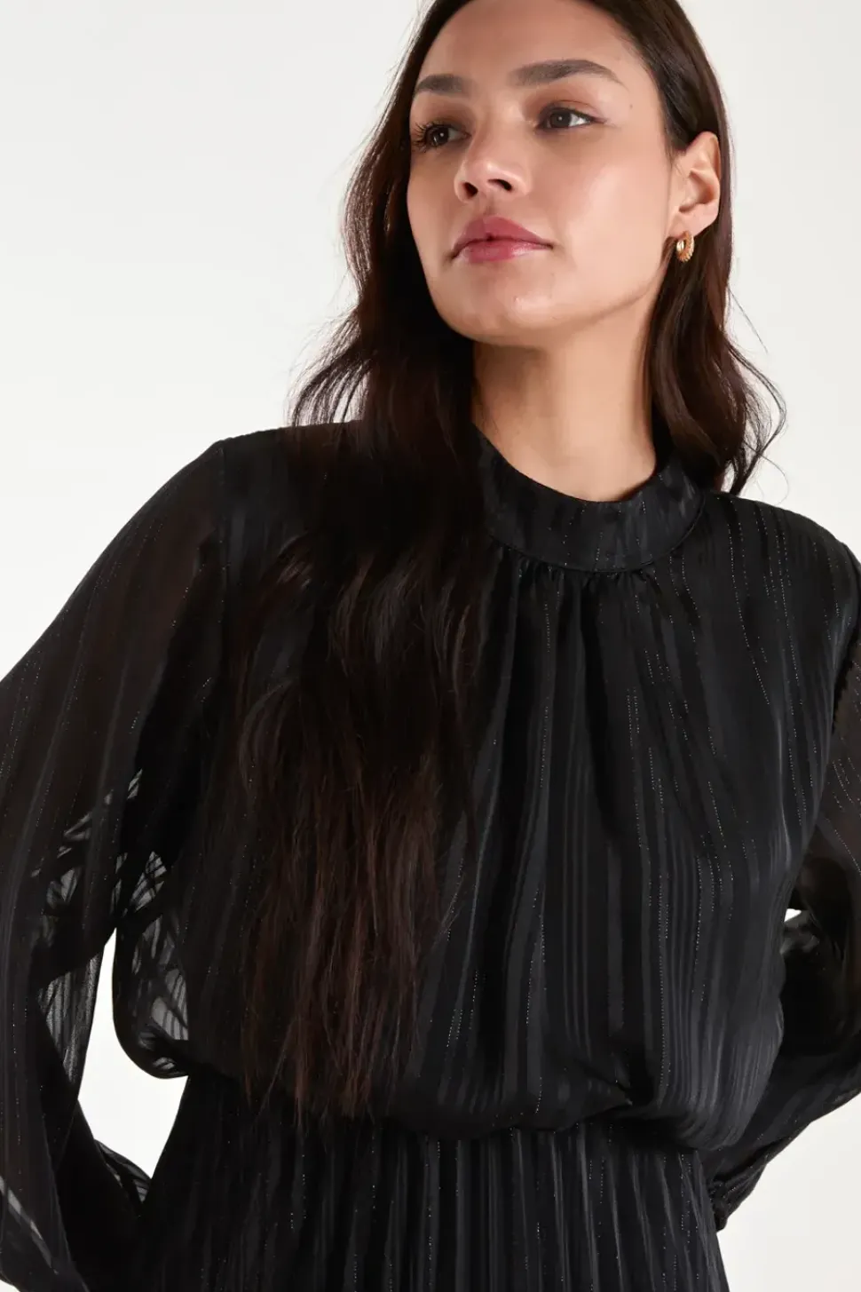 Metallic High Neck Plisse Midi Dress