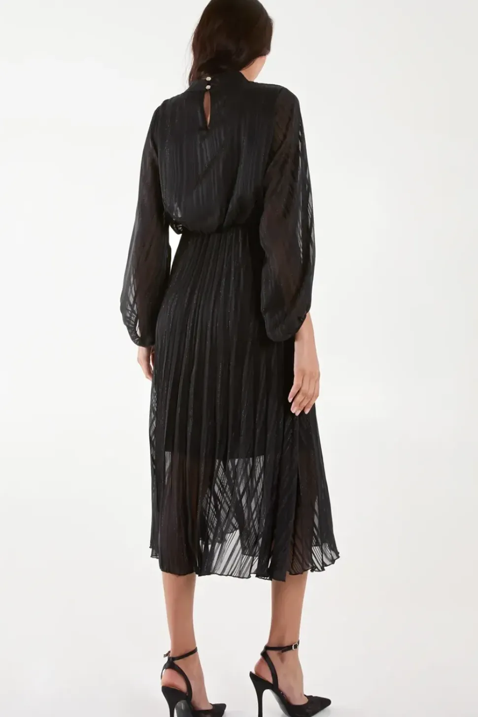 Metallic High Neck Plisse Midi Dress