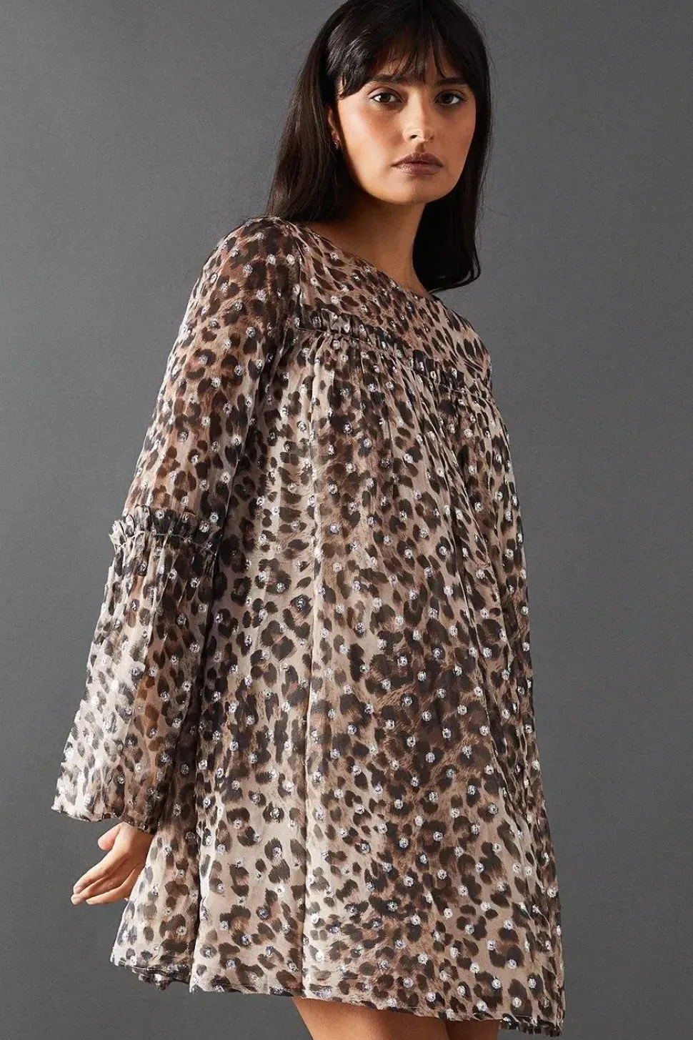 Metallic Jacquard Dobby Flared Sleeve Mini Dress