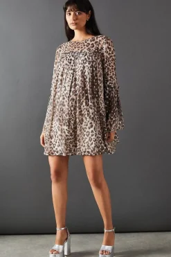 Metallic Jacquard Dobby Flared Sleeve Mini Dress