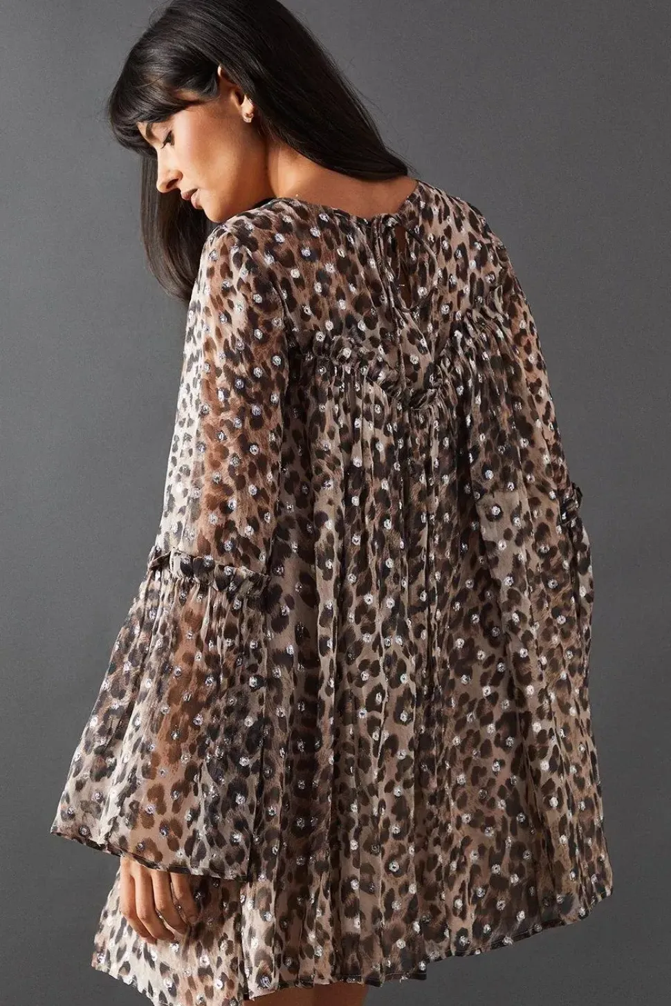 Metallic Jacquard Dobby Flared Sleeve Mini Dress
