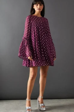 Metallic Jacquard Dobby Flared Sleeve Mini Dress