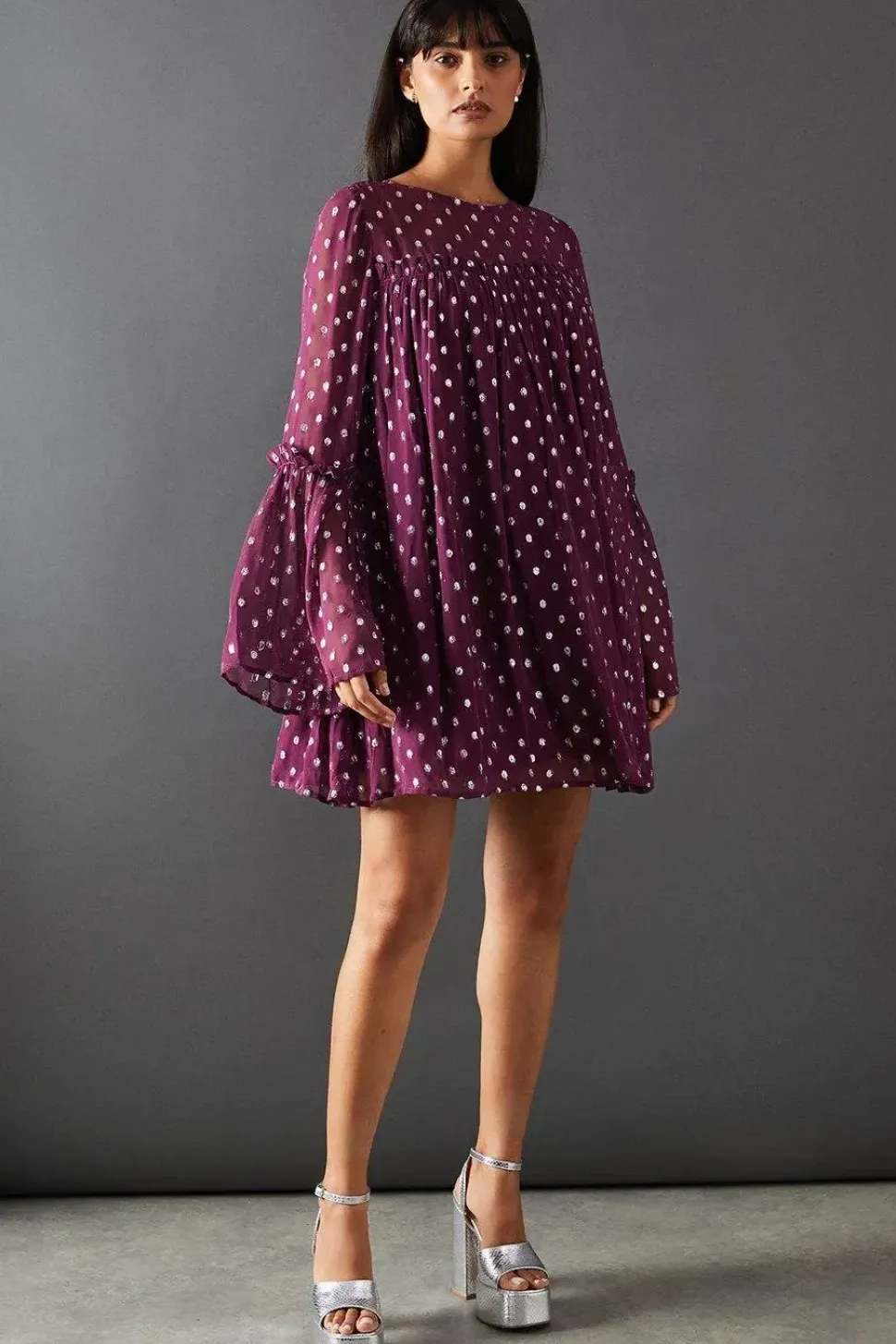 Metallic Jacquard Dobby Flared Sleeve Mini Dress