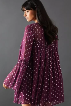 Metallic Jacquard Dobby Flared Sleeve Mini Dress