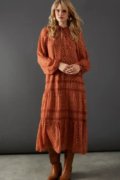 Metallic Jacquard Dobby Lace Insert Midi Smock Dress